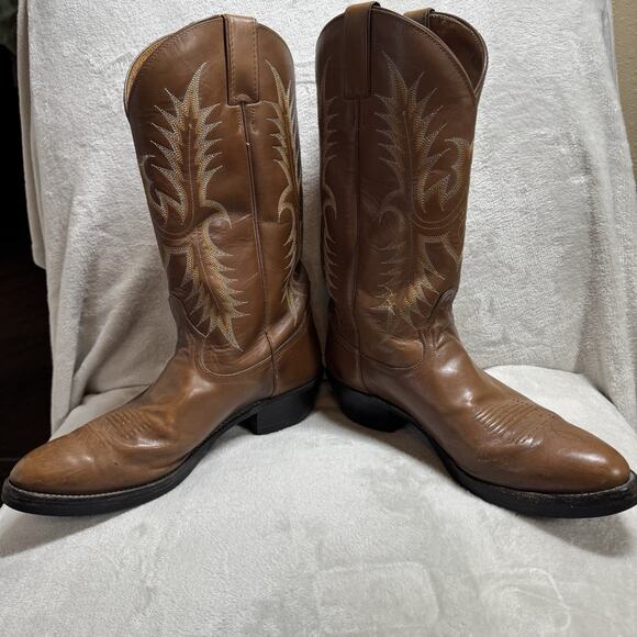 Tony Lama Leather Boots Men 10 EE Brown Cowboy Western Pointed Toe Embroidered - Picture 6 of 16